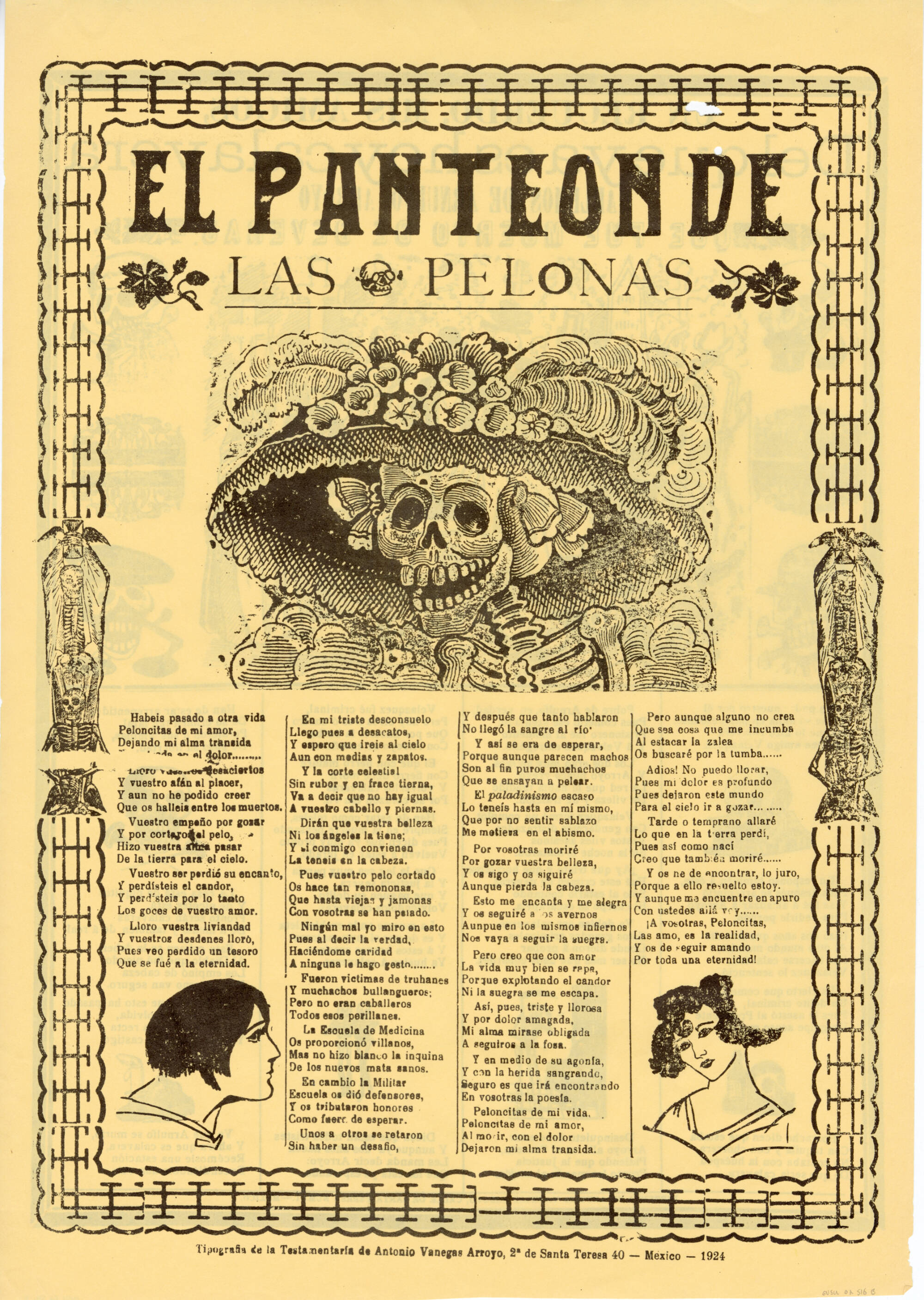 Newsprint with a female skeleton wearing a large hat